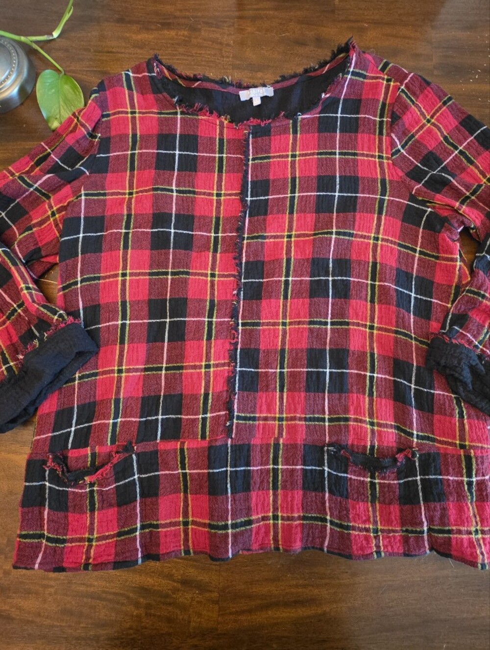 Habitat "Clothes to Live In" Red Plaid Fringed Pullover Blouse Size L Holiday